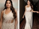 Janhvi Kapoor in theme with Devara: Part 1's story, wore a sea-inspired pearl saree. 