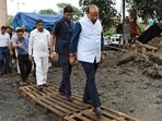 LG VK Saxena during an inspection of the area on Thursday. (HT)
