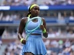 USA's Coco Gauff reacts during her women's singles round of 16 tennis match against USA's Emma Navarro on day seven of the US Open