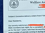 The image shows a letter issued by a housing society, especially to bachelors, for “too many parcels.” 