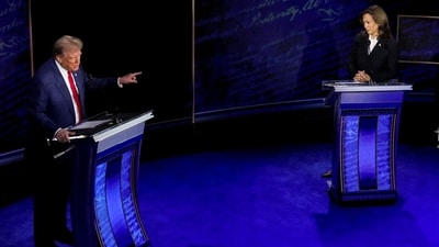 US Vice President Kamala Harris, right, and former US President Donald Trump during the second presidential debate at the Pennsylvania Convention Center in Philadelphia, Pennsylvania, US, on Tuesday, Sept. 10, 2024 (Bloomberg) US Vice President Kamala Harris, right, and former US President Donald Trump during the second presidential debate at the Pennsylvania Convention Center in Philadelphia, Pennsylvania, US, on Tuesday, Sept. 10, 2024 (Bloomberg)