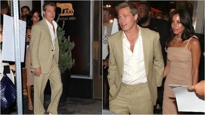 Brad Pitt and girlfriend Ines de Ramon stepped out for dinner after the premiere of his new movie Wolfs. Brad looked sharp in a suit with a white shirt, while Ines dazzled in a nude-colored one-shoulder dress. Together, they made a stylish pair. (Instagram) Brad Pitt and girlfriend Ines de Ramon stepped out for dinner after the premiere of his new movie Wolfs. Brad looked sharp in a suit with a white shirt, while Ines dazzled in a nude-colored one-shoulder dress. Together, they made a stylish pair. (Instagram)