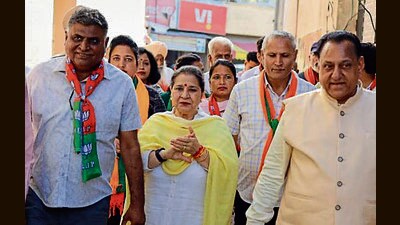 BJP candidate Shakti Rani Sharma campaigning in Kalka on Thursday. (HT Photo) BJP candidate Shakti Rani Sharma campaigning in Kalka on Thursday. (HT Photo)