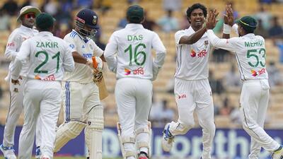 Bangladesh’s Hasan Mahmud celebrates with teammates after taking the wicket of Rishabh Pant, in Chennai on Thursday. (PTI) Bangladesh’s Hasan Mahmud celebrates with teammates after taking the wicket of Rishabh Pant, in Chennai on Thursday. (PTI)