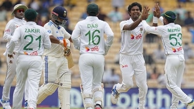 Despite Yashasvi Jaiswal's knock of 56 runs off 118 balls, Hasan Mahmud tore apart India's top order, removing Rohit Sharma (6), Shubman Gill (0), Virat Kohli (6) and Rishabh Pant (39). (HT_PRINT) Despite Yashasvi Jaiswal's knock of 56 runs off 118 balls, Hasan Mahmud tore apart India's top order, removing Rohit Sharma (6), Shubman Gill (0), Virat Kohli (6) and Rishabh Pant (39). (HT_PRINT)