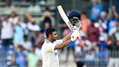 India's Ravichandran Ashwin celebrates after scoring a century. (AFP) India's Ravichandran Ashwin celebrates after scoring a century. (AFP)