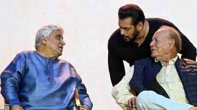 Bollywood actor Salman Khan (top R) with his father, film producer and screenwriter Salim Khan (seated R) and Javed Akhtar. (AFP file photo) Bollywood actor Salman Khan (top R) with his father, film producer and screenwriter Salim Khan (seated R) and Javed Akhtar. (AFP file photo)