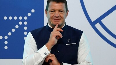 Indian airline IndiGo's CEO Pieter Elbers gestures as he addresses a gathering at a company event in New Delhi, India. Pieter Elbers marked two years at the airline, calling India his home. He praised the airline’s extensive operations and shared personal experiences, reflecting on India's diversity and his connection to the country. (Reuters)