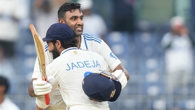 India's Ravichandran Ashwin celebrates after scoring a century with Ravindra Jadeja. (AP) India's Ravichandran Ashwin celebrates after scoring a century with Ravindra Jadeja. (AP)