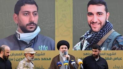 Hashim Safieddine, a Shia Muslim cleric and the head of Hezbollah's executive council, speaks during the funeral of persons killed after hundreds of paging devices exploded in a deadly wave across Lebanon, in Beirut's southern suburbs on September 18. (AFP) Hashim Safieddine, a Shia Muslim cleric and the head of Hezbollah's executive council, speaks during the funeral of persons killed after hundreds of paging devices exploded in a deadly wave across Lebanon, in Beirut's southern suburbs on September 18. (AFP)