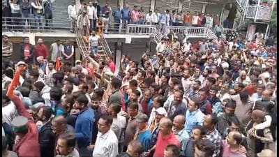 On Thursday, Hindu organisations held a massive protest rally in Nerwa town demanding immediate action against alleged ‘illegal’ moques and verification of migrant workers coming to the place. (HT Photo) On Thursday, Hindu organisations held a massive protest rally in Nerwa town demanding immediate action against alleged ‘illegal’ moques and verification of migrant workers coming to the place. (HT Photo)