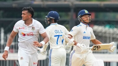 Yashasvi Jaiswal and Shubman Gill run between the wickets during the first test cricket match of a series between India and Bangladesh (PTI) Yashasvi Jaiswal and Shubman Gill run between the wickets during the first test cricket match of a series between India and Bangladesh (PTI)
