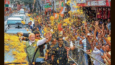 Prime Minister Narendra Modi during a roadshow for J&K assembly elections at Katra in Reasi district Jammu & Kashmir on Thursday. (PTI) Prime Minister Narendra Modi during a roadshow for J&K assembly elections at Katra in Reasi district Jammu & Kashmir on Thursday. (PTI)