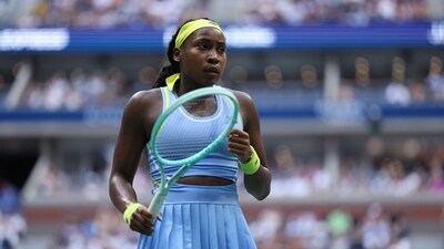 USA's Coco Gauff reacts during her women's singles round of 16 tennis match against USA's Emma Navarro on day seven of the US Open (AFP) USA's Coco Gauff reacts during her women's singles round of 16 tennis match against USA's Emma Navarro on day seven of the US Open (AFP)