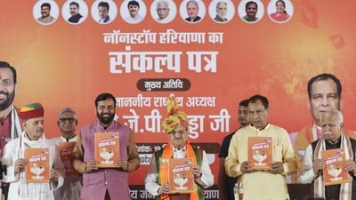 The BJP released the manifesto for the Haryana elections, on Thursday. (PTI) The BJP released the manifesto for the Haryana elections, on Thursday. (PTI)