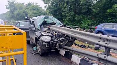 The remains of the car, atop the the Geeta Colony flyover. (ANI) The remains of the car, atop the the Geeta Colony flyover. (ANI)