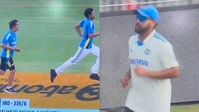 Gautam Gambhir (L), Shubman Gill and Rohit Sharma (R) sprung into action after stumps. (Screengrab) Gautam Gambhir (L), Shubman Gill and Rohit Sharma (R) sprung into action after stumps. (Screengrab)