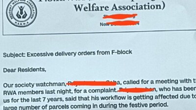 The image shows a letter issued by a housing society, especially to bachelors, for “too many parcels.” (X/@upshagunn) The image shows a letter issued by a housing society, especially to bachelors, for “too many parcels.” (X/@upshagunn)