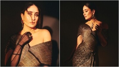 Kareena Kapoor in an upcycled Banarasi saree gown by Amit Aggarwal. Kareena Kapoor in an upcycled Banarasi saree gown by Amit Aggarwal.