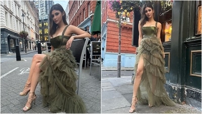 Mouni styled the ensemble with centre-parted loose tresses, embellished pumps, smoky eyes, rings, nude lips, and blush pink-tinted makeup.&nbsp; 
