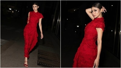 Mouni styled the ensemble diamond rings and matching red pumps. For the glam, she chose darkened brows, winged eyeliner, mascara-adorned lashes, shimmering blush on the cheekbones, and pink-tinted lips. Lastly, she tied her locks in a centre-parted low bun.&nbsp; 