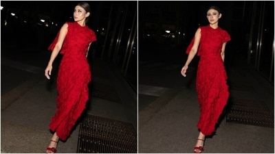To celebrate 60 years of Vogue Italia, Mouni slipped into an Erdem dress from their Autumn Winter 2024 collection. The actor wore a ruby red draped mid-length pencil dress featuring asymmetric cape sleeve detail and shredded fil coupé jacquard design.&nbsp; 