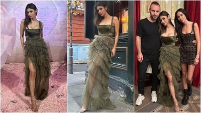 Mouni concluded London Fashion Week by attending the Aadnevik Spring Summer 2025 show. She wore a green tulle gown featuring a tiered ruffle skirt, a thigh-high slit, a fitted bodice, and a plunging neckline.&nbsp; 