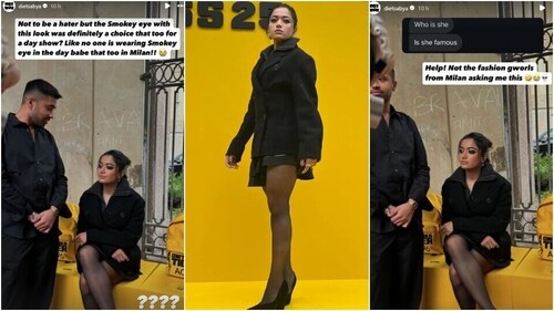 Diet Sabya questions Rashmika's smokey eyes for Milan Fashion Week. Diet Sabya questions Rashmika's smokey eyes for Milan Fashion Week.