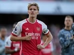 Arsenal's Martin Odegaard reacts after a match. Arsenal's Martin Odegaard reacts after a match.
