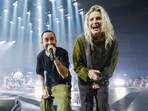 Mike Shinoda, left, and Emily Armstrong of Linkin Park perform on Thursday, Sept. 5, 2024, in Los Angeles. It was announced on Thursday that Dead Sara's Emily Armstrong would join as the band's new co-singer and songwriter/producer Colin Brittain would join on drums. Linkin Park will release the album "From Zero" on Nov. 15, marking their first new record since former frontman Chester Bennington died in 2017. (Photo by Jordan Strauss/Invision/AP)