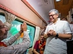 Union Railway Minister Ashwini Vaishnaw interacts with passengers during the flagging off ceremony of Bharat Gaurav Deluxe AC Tourist Train for the tour named 'Bharat Nepal Maitri Yatra at Hazrat Nizamuddin Railway Station in New Delhi, Friday, Sept. 20, 2024. Union Railway Minister Ashwini Vaishnaw interacts with passengers during the flagging off ceremony of Bharat Gaurav Deluxe AC Tourist Train for the tour named 'Bharat Nepal Maitri Yatra at Hazrat Nizamuddin Railway Station in New Delhi, Friday, Sept. 20, 2024.