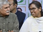 Sanjay Pandey was inducted into the Congress at a programme held at the Mumbai Congress office on Thursday evening. UB Venkatesh, senior Congress leader, and Varsha Gaikwad, Mumbai Congress president and Mumbai North Central MP, were present at the programme. (Anshuman Poyrekar/ Hindustan Times)