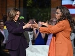 US Vice President and Democratic presidential candidate Kamala Harris joins US television producer Oprah Winfrey at a 'Unite for America' live streaming rally in Farmington Hills, Michigan, on September 19, 2024. (Photo by SAUL LOEB / AFP)