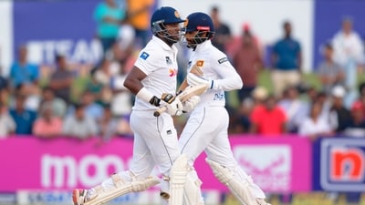 Sri Lanka's captain Dhananjaya de Silva, right, and teammate Angelo Mathews run between the wickets. (AP) Sri Lanka's captain Dhananjaya de Silva, right, and teammate Angelo Mathews run between the wickets. (AP)