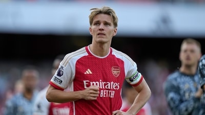 Arsenal's Martin Odegaard reacts after a match. (AP) Arsenal's Martin Odegaard reacts after a match. (AP)