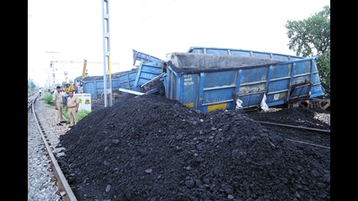 Coal-laden goods train en route from Agra to Delhi derailed, in Mathura on Thursday. (ANI photo) Coal-laden goods train en route from Agra to Delhi derailed, in Mathura on Thursday. (ANI photo)