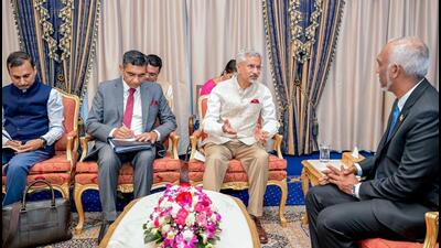 External affairs minister S Jaishankar at a meeting with Maldives President Mohamed Muizzu, during his visit to Maldives on August 10. (Moosa Zameer-X)