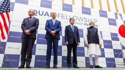 (FILES) US President Joe Biden (2nd-L), Japanese Prime Minister Fumio Kishida (2nd-R), Indian Prime Minister Narendra Modi (R) and Australian Prime Minister Anthony Albanese (L) announce the Quad Fellowship, a scholarship program that will bring together American, Japanese, Australian and Indian masters and doctoral students in science, technology, engineering, and mathematics (STEM) to study in the United States, during the Quad Leaders Summit at Kantei in Tokyo on May 24, 2022. Biden will host the leaders of allies Australia, India and Japan in his hometown of Wilmington, Delaware on September 21, 2024, for talks focused on tensions with China, the White House said on September 12. (Photo by Yuichi Yamazaki / POOL / AFP) (AFP) (FILES) US President Joe Biden (2nd-L), Japanese Prime Minister Fumio Kishida (2nd-R), Indian Prime Minister Narendra Modi (R) and Australian Prime Minister Anthony Albanese (L) announce the Quad Fellowship, a scholarship program that will bring together American, Japanese, Australian and Indian masters and doctoral students in science, technology, engineering, and mathematics (STEM) to study in the United States, during the Quad Leaders Summit at Kantei in Tokyo on May 24, 2022. Biden will host the leaders of allies Australia, India and Japan in his hometown of Wilmington, Delaware on September 21, 2024, for talks focused on tensions with China, the White House said on September 12. (Photo by Yuichi Yamazaki / POOL / AFP) (AFP)
