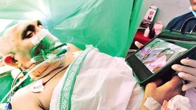 Doctors in Kakinada performed a successful awake craniotomy on patient A. Ananthalakshmi, who watched a Jr NTR film during the surgery. (X/@sudhakarudumula) Doctors in Kakinada performed a successful awake craniotomy on patient A. Ananthalakshmi, who watched a Jr NTR film during the surgery. (X/@sudhakarudumula)