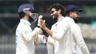 India's Ravindra Jadeja, centre, celebrates with Rishabh Panth the wicket of Bangladesh's Litton Das on the second day of the first cricket Test (AP) India's Ravindra Jadeja, centre, celebrates with Rishabh Panth the wicket of Bangladesh's Litton Das on the second day of the first cricket Test (AP)