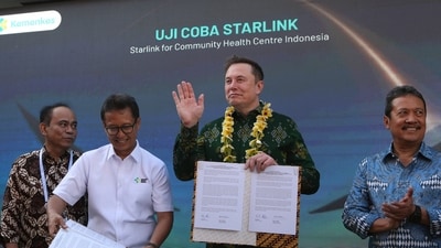 Elon Musk arrived in Indonesia's resort island of Bali to launch Starlink satellite internet service in the world's largest archipelago nation. (AP) Elon Musk arrived in Indonesia's resort island of Bali to launch Starlink satellite internet service in the world's largest archipelago nation. (AP)