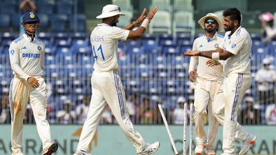 Jasprit Bumrah celebrates after taking the wicket of Taskin Ahmed on the second day of first Test in Chennai. (PTI)