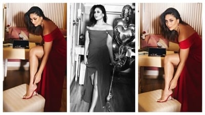 Kareena Kapoor channeled an evening glam aesthetic with the off-shoulder, red gown. (Instagram/@lakshmilehr) Kareena Kapoor channeled an evening glam aesthetic with the off-shoulder, red gown. (Instagram/@lakshmilehr)