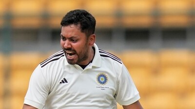 Avesh Khan celebrates a wicket. (PTI) Avesh Khan celebrates a wicket. (PTI)