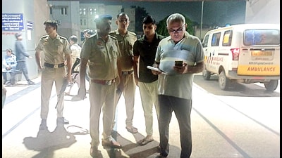 Police visiting the crime scene where three persons were shot dead, in Rohtak, on Friday. (Manoj Dhaka/HT)