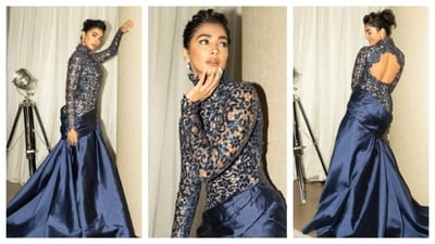 Pooja Hegde's deep-blue satin and lace ensemble radiated glam princess vibe. (Instagram/@stylebyami) Pooja Hegde's deep-blue satin and lace ensemble radiated glam princess vibe. (Instagram/@stylebyami)
