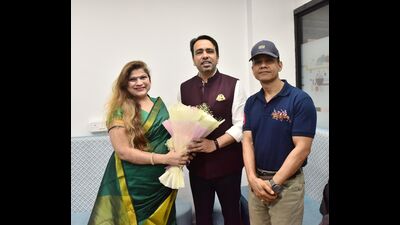 Roli Tiwari Mishra with RLD chief and minister Jayant Chaudhary, in Delhi, on Thursday (HT Photo) Roli Tiwari Mishra with RLD chief and minister Jayant Chaudhary, in Delhi, on Thursday (HT Photo)