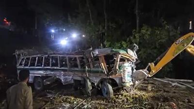 Wreckage of the bus which was carrying BSF personnel for election duty in J&K’s Budgam. (PTI)