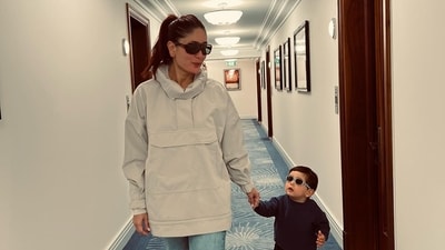 Kareena has aced the art of stealing moments to make memories with her kids, which includes hotel corridors. Kareena has aced the art of stealing moments to make memories with her kids, which includes hotel corridors.