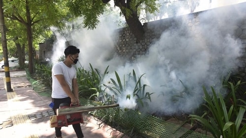 An MCD worker fumigates an area during the launch of a campaign on dengue, malaria and chikungunya prevention in New Delhi (HT Photo) An MCD worker fumigates an area during the launch of a campaign on dengue, malaria and chikungunya prevention in New Delhi (HT Photo)